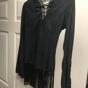 XOXO Long Sleeve Top Fringe Lace Up